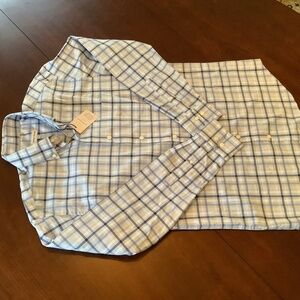 Peter Millar, Woven Button Down, Size M, Blue/Gray/Beige Plaid